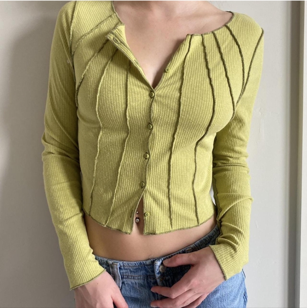 Urban Outfitters Lightweight Cardigan Cotton Blend Extra Small Lime Green Ribbed